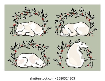 Vector card with hand drawn sweet polar bears in floral wreath with red berries. Ink drawing, graphic style. Beautiful winter season illustration, perfect for Christmas and New Year celebration