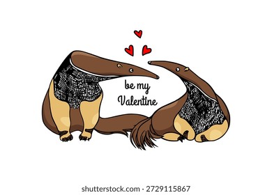 Cartão de vetor com mão desenhada doce peculiar tamanduás no amor. Elementos de design bonitos, desenho a tinta, ilustração romântica engraçada. Perfeito para a celebração do dia dos namorados.