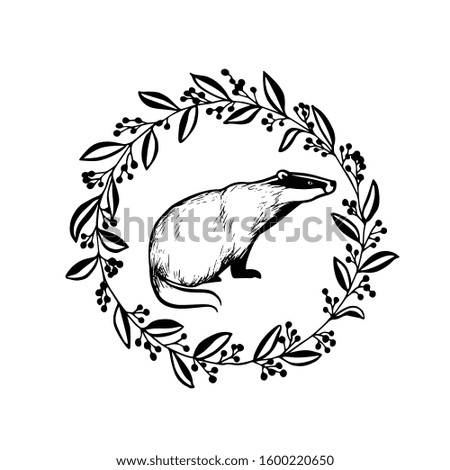 Vector card with hand drawn sweet badger in floral wreath made with ink. Perfect design elements, animal illustration