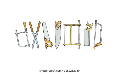 Vector card  with hand drawn hand tools - handsaws and pruner. Beautiful design elements, ink drawing