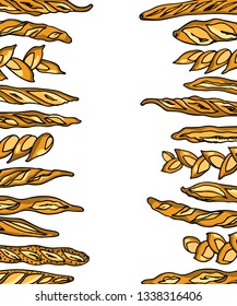 Vector card with hand drawn traditional French baguettes. Ink drawing, graphic style. Beautiful food design elements.