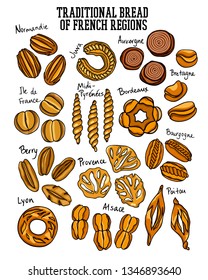 Vector card with hand drawn traditional breads of French regions. Ink drawing, graphic style. Beautiful food design elements, sweet visual guide of French bread variety.