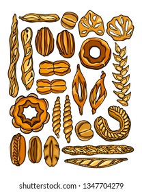 Vector card with hand drawn traditional French bread. Ink drawing, graphic style. Beautiful food design elements, sweet visual guide of French bread variety.