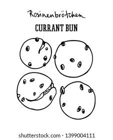 Vector card with hand drawn traditional German currant buns. Ink drawing, graphic style. Beautiful food design elements.