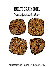 Vector card with hand drawn traditional German multi-grain buns. Ink drawing, graphic style. Beautiful food design elements.