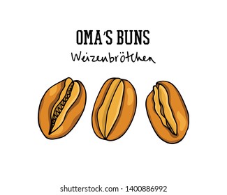 Vector card with hand drawn traditional German wheat buns. Ink drawing, graphic style. Beautiful food design elements.