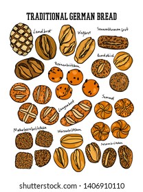 Vector card with hand drawn traditional German bread: rustic, white, multi-grain, sunflower, sesame bread and wheat, pretzel, currant buns and rolls. Ink drawing, beautiful food design elements