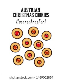 Vector card with hand drawn traditional marmalade Austrian Christmas biscuits - Husarenkrapferl. Ink drawing, graphic style. Beautiful food design elements.