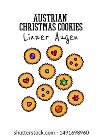 Vector card with hand drawn traditional marmalade Austrian Christmas biscuits - Linzer Augen. Ink drawing, graphic style. Beautiful food design elements.