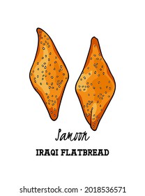 Vector card with hand drawn traditional Iraqi flatbread - Samoon. Ink drawing, graphic style. Beautiful food design elements.