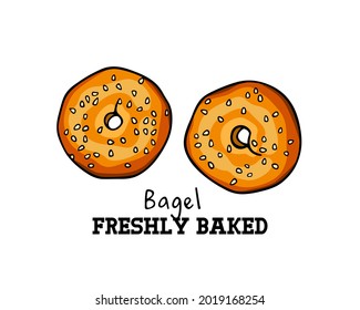 Vector card with hand drawn traditional Jewish bread - Bagel. Ink drawing, graphic style. Beautiful food design elements.