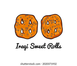 Tarjeta vectorial con rollos dulces iraquíes tradicionales dibujados a mano con semillas de sésamo. Dibujo de tinta, estilo gráfico. Bonitos elementos de diseño gastronómico.