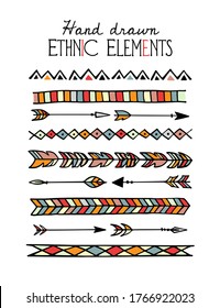 Vector card with hand drawn tribal elements - ethnic borders and arrows. Beautiful ethnic design elements, ink drawing.