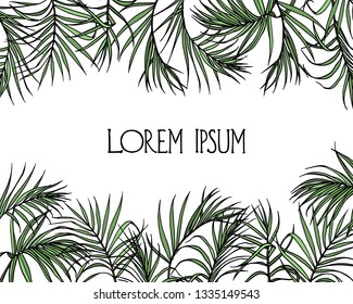 Vector card with hand drawn tropical leaves. Graceful plants. Beautiful ink drawing.