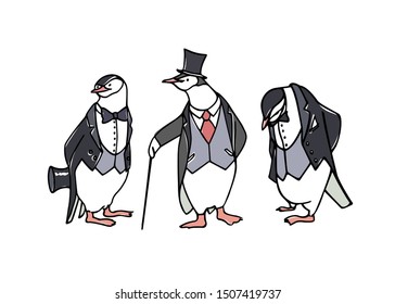 Vector card with hand drawn two bored chinstrap penguins in black tie. Ink drawing, funny illustration, graphic style. Beautiful animal design element