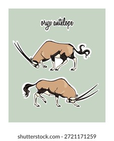 Tarjeta de Vector con mano dibujada dos oryxes masculinos agraciados con la cabeza hacia abajo. Dibujo de tinta, estilo gráfico. Hermosa ilustración de animales salvajes