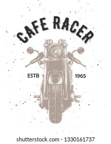 Vector card with hand drawn unique typography design element for greeting cards, t-shirt design, logo, decoration, prints and posters. Cafe racer with engraved sketch of motorcyrcle. 