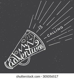 Vector card with hand drawn unique typography design element for greeting cards and posters. Adventure is calling in mouthpiece with mountains in vintage style