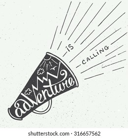 Vector card with hand drawn unique typography design element for greeting cards and posters. Adventure is calling in mouthpiece with mountains in vintage style