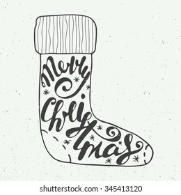 Vector card with hand drawn unique typography design element for greeting cards and posters or prints. Merry Christmas in sock in vintage style