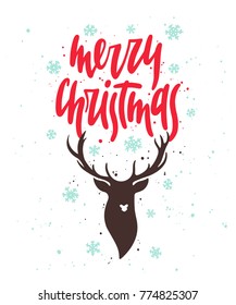 Vector card with hand drawn unique typography design element for greeting cards, decoration, prints and posters. Merry Christmas with deer. Handwritten lettering. Modern ink calligraphy.