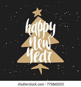 Vector card with hand drawn unique typography design element for greeting cards, decoration, prints and posters. Happy New Year with Christmas tree. Handwritten lettering. Modern ink calligraphy.