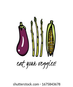 Vektorillustration mit handgezogenen Gemüsearten - Auberginen, Spargel und Mais. Tintenzeichnung, schöne Design-Elemente.