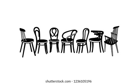 Vector card with hand drawn Viennese chairs. Ink drawing, graphic style. Beautiful vintage furniture design elements.