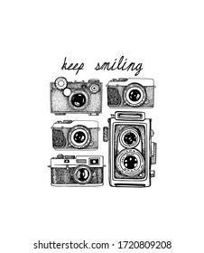 Vector card with hand drawn vintage camera set. Ink drawing, graphic style. Beautiful design elements.