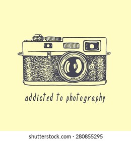 Vector card with hand drawn vintage camera. Illustration of the passion for photography.