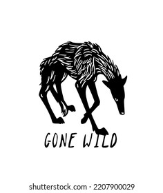 Vector card with hand drawn walking skinny wolf. Ink drawing, graphic style. Beautiful wild nature design elements. Funny illustration of a wild human nature