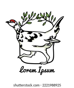 Vector card with hand drawn walking rock ptarmigan with red eyebrows in leafy floral wreath. Ink drawing, decorative graphic style. Beautiful northern wild nature design elements