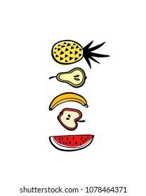Vector card with hand drawn watermelon slice, banana, apple, pear and pineapple. Beautiful ink drawing, heavy contour, graphic style. Food design elements.