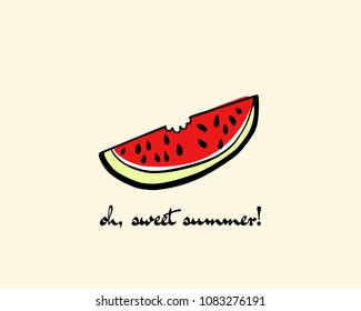 Vector card with hand drawn watermelon bitten off slice. Beautiful ink drawing, heavy contour, graphic style. Food design elements.