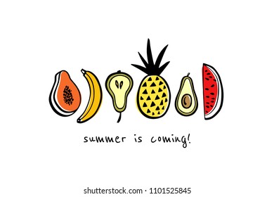 Vector card with hand drawn watermelon slice, banana, avocado, pear, papaya and pineapple. Beautiful ink drawing, heavy contour, graphic style. Food design elements.