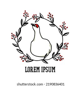 Vector card with hand drawn white rock ptarmigan sitting in floral red berries wreath. Ink drawing, decorative graphic style. Beautiful northern wild nature design elements