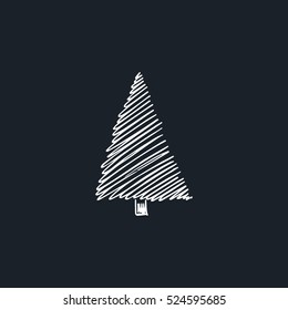 Vector card with hand drawn white Christmas tree on dark background. Beautiful Christmas design elements, doodle style, minimalistic design