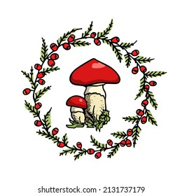 Vector card with hand drawn wild mushrooms in graceful floral wreath with yew berries. Ink drawing, graphic style. Beautiful wild nature or food design elements.