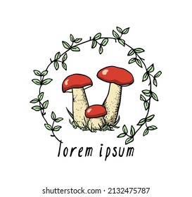 Vector card with hand drawn wild mushrooms in graceful floral wreath. Ink drawing, graphic style. Beautiful wild nature or food design elements.