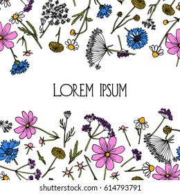 Vector card with hand drawn wildflowers twigs. Beautiful ink drawing, vintage style.