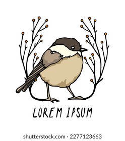 Vector card of hand drawn willow tit in graceful floral laurel. Beautiful illustration, ink drawing, graphic style.