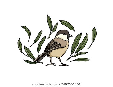 Vector card of hand drawn willow tit among graceful green leaves. Beautiful spring or Easter celebration illustration, ink drawing, graphic style.