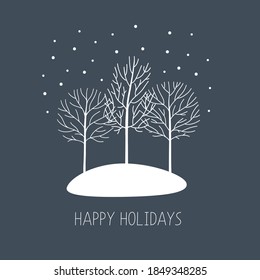 Vector card with hand drawn winter trees under the snow. Happy holidays