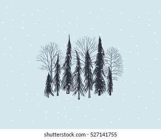 Vector Card With Hand Drawn Winter Trees Under The Snow. Beautiful Floral Design Elements, Graphic Style.