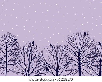Vector card with hand drawn winter trees and birds under the snowfall at twilight. Beautiful ink drawing.