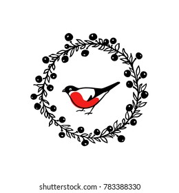 Vector card with hand drawn winter wreath with bullfinch. Beautiful design elements, ink drawing, logo template