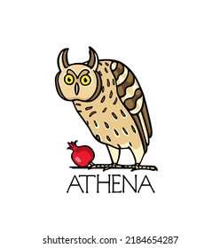 Tarjeta vectorial con Lechuza Sabia dibujada a mano con una granada madura - símbolos sagrados de la diosa griega Athena. Dibujo de tinta, estilo gráfico decorativo. Hermosos elementos de diseño, plantilla de logotipo 