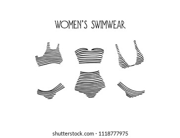 Vector card with hand drawn women's striped swimwear. Ink drawing, beautiful casual fashion design elements