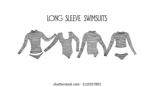 Vector card with hand drawn women's striped swimwear. Ink drawing, beautiful casual fashion design elements