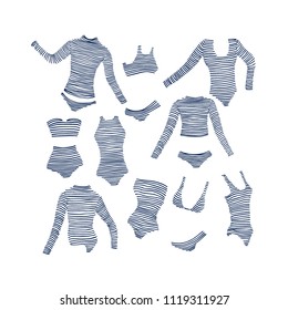 Vector card with hand drawn women's striped swimwear. Ink drawing, beautiful casual fashion design elements